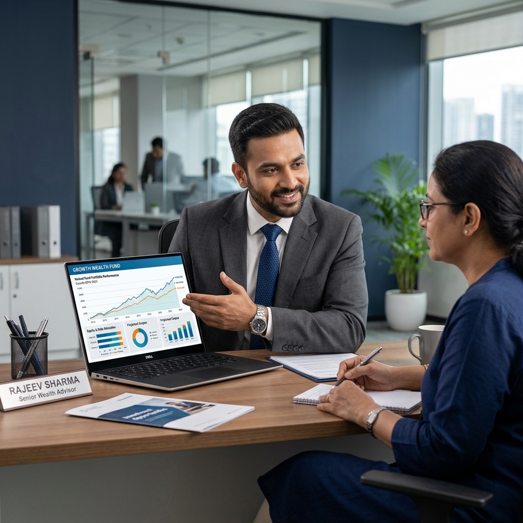 Indian financial advisor consulting client on mutual fund portfolio