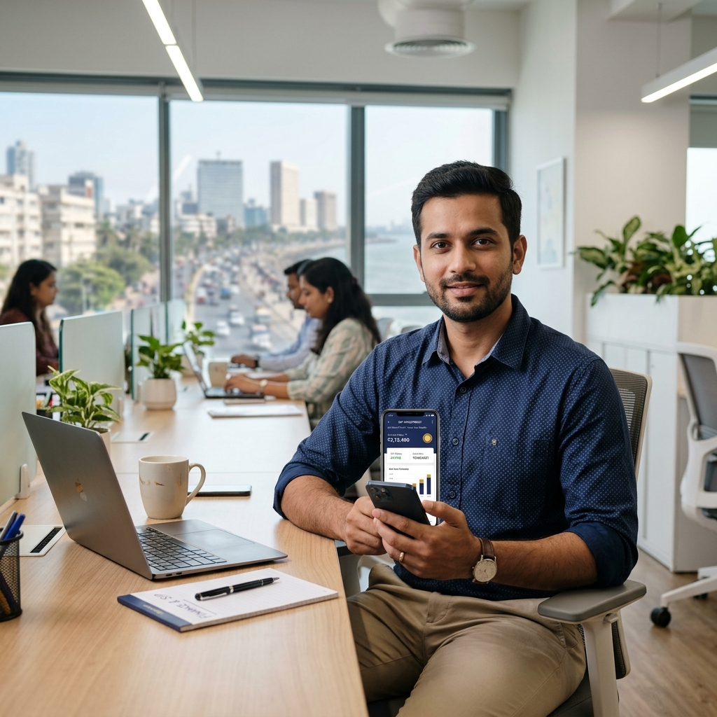 Young Indian professional starting SIP investment on phone