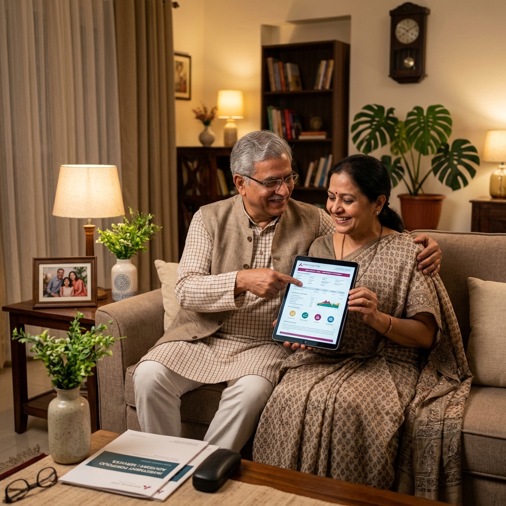 Indian retired couple reviewing mutual fund statements
