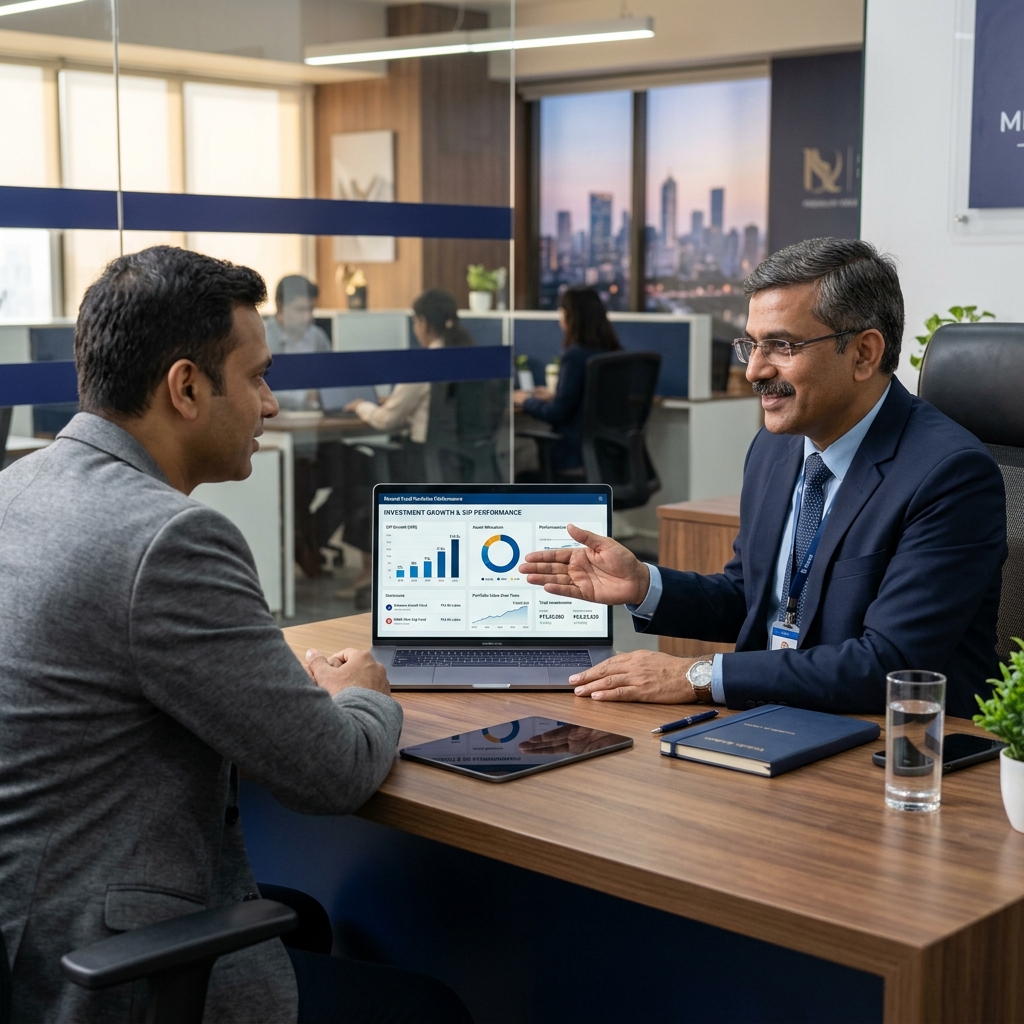 Indian financial advisor explaining investment dashboard to client